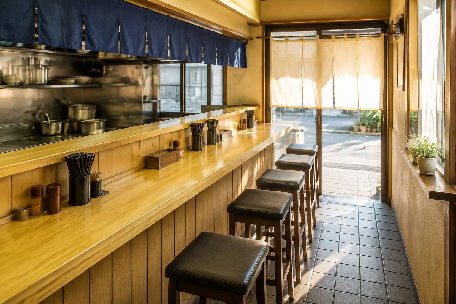 立ち食い蕎麦店の店内とカウンターのAI生成イメージ